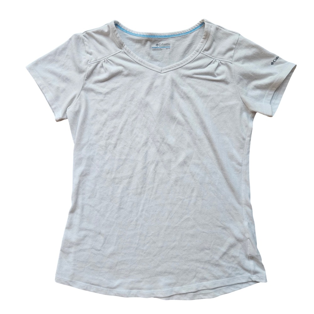 Columbia Womens White V-Neck Short Sleeve T-Shirt Ruched Shoulder Size XS